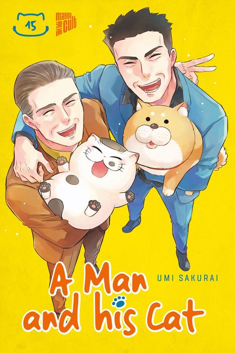 Titel: "A Man and his Cat" von Umi Sakurai. Zwei lachende Männer halten fröhliche, runde Katzen auf gelbem Hintergrund.