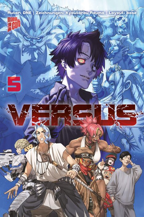 Oben steht: "Autor: ONE | Zeichnungen: Kyoutarou Azuma | Layout: böse." Darunter eine Gruppe von neun Manga-Charakteren.