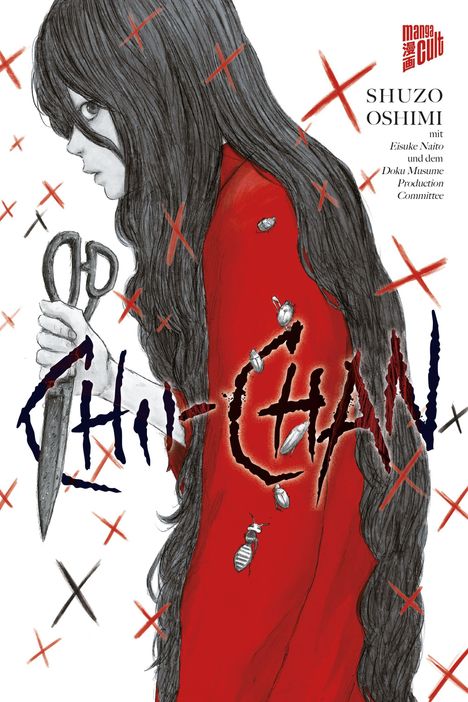 Text: "Chi-chan", "Shuzo Oshimi", Illustration eines Mädchens mit langen Haaren, rotem Kleid, hält eine Schere, Insekten darauf.