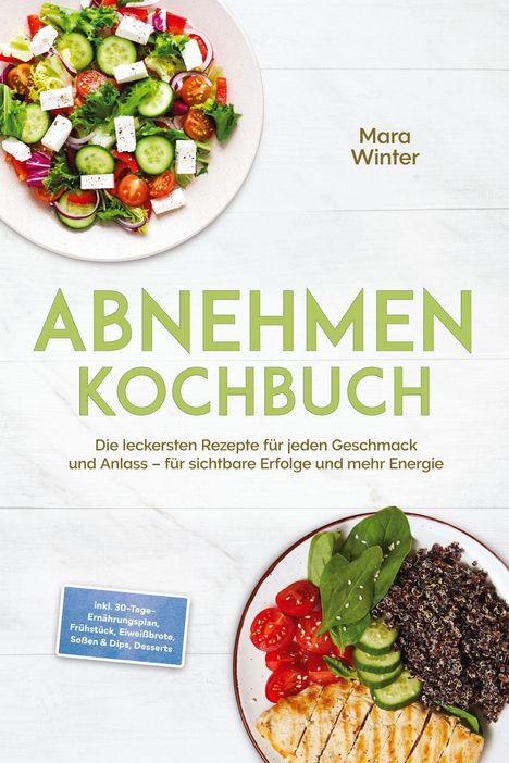 Titel: "Abnehmen Kochbuch". Darunter ein bunter Teller Salat und ein Teller mit Huhn und Gemüse.