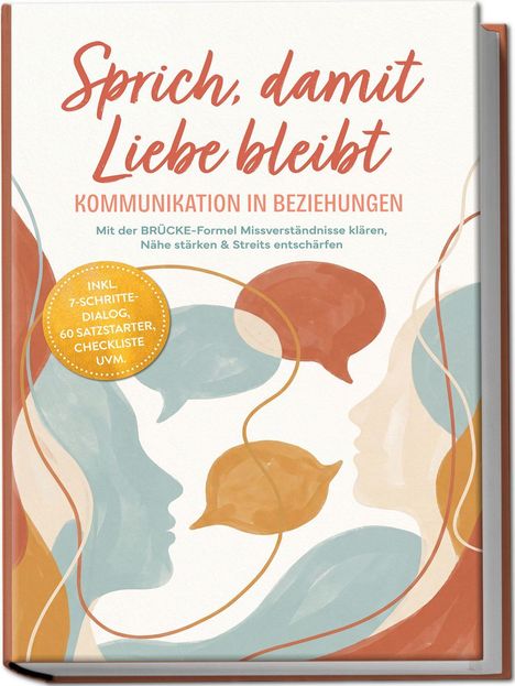 "Sprich, damit Liebe bleibt. Kommunikation in Beziehungen." Illustration von zwei Gesichtern und Sprechblasen.