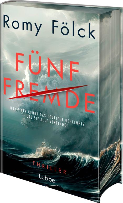 "Fünf Fremde", Romy Fölck, Thriller. Stürmische Meereswellen unter bewölktem Himmel.