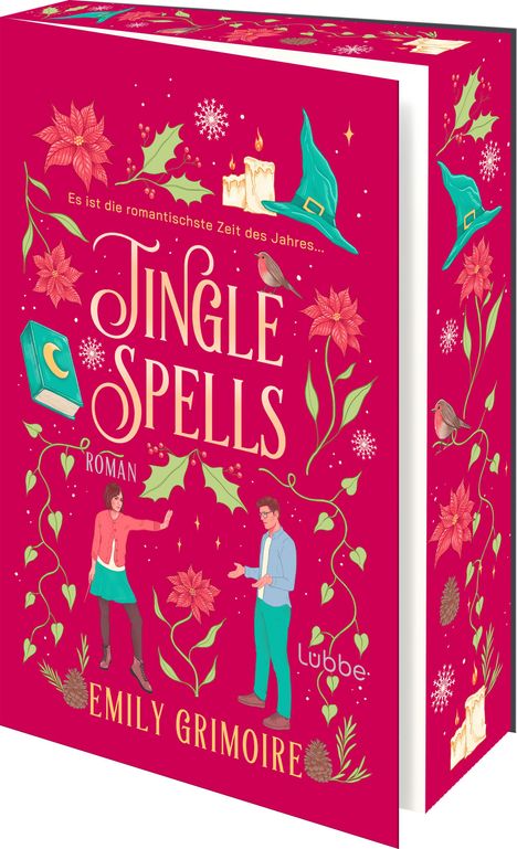 "Jingle Spells" Buchcover, rote Farbe, weihnachtliche Illustrationen, zwei Figuren, grüner Hut, Schneeflocken, Wachskerzen.