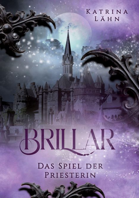 Text: "Katrina Lähn," "Brillar," "Das Spiel der Priesterin." Hintergrund: Schloss mit Türmen, Mond und dekorative Elemente.