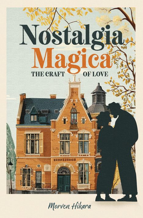 „Nostalgia Magica: The Craft of Love“ oben, „Morven Hikara“ unten. Gemälde eines eleganten Hauses im Herbst. Silhouette eines Paares.