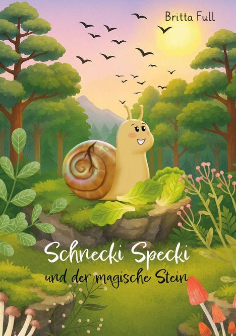 "Schnecki Specki und der magische Stein" oben ein Wald im Morgenlicht mit Schnecke auf einem Stein sitzend.