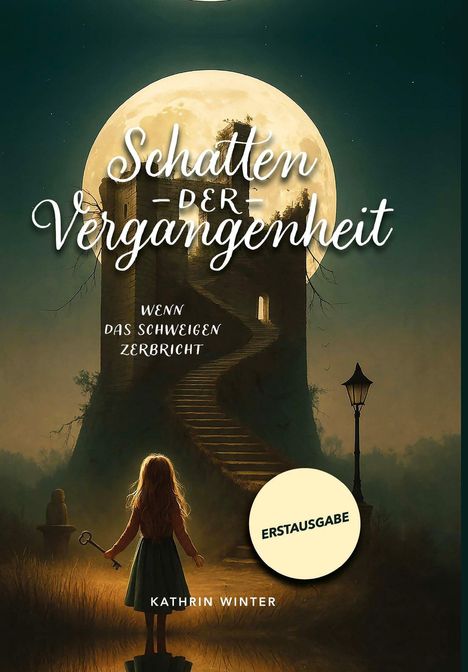 "Schatten der Vergangenheit. Wenn das Schweigen zerbricht. Erstausgabe. Kathrin Winter." Illustration: Kind vor Ruine.
