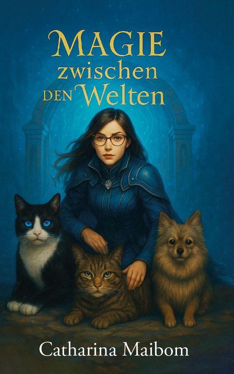 „MAGIE zwischen den Welten“ und „Catharina Maibom“. Illustration: Frau mit Brille, zwei Katzen, ein Hund vor blauem Hintergrund.