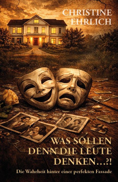"Was sollen denn die Leute denken...?!" steht neben zwei Masken. Eine lächelnd, die andere traurig, vor einem großen Haus.