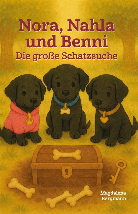 "Nora, Nahla und Benni. Die große Schatzsuche." Drei niedliche Hunde mit bunten Halsbändern und Spielzeug in Waldkulisse.