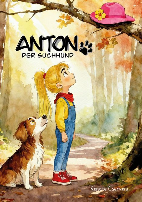 "Anton der Suchhund." Illustration: Mädchen in Latzhose mit Hund schaut hoch zu einem Ast mit pinkem Hut im Herbstwald.