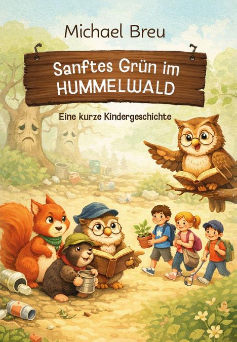 „Sanftes Grün im Hummelwald“ von Michael Breu ist eine kurze Kindergeschichte. Illustration: Tiere und Kinder im Wald.