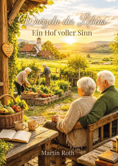 Text: "Wurzeln des Lebens: Ein Hof voller Sinn", "Martin Roth", "Zuhause ist, wo wir gebraucht werden." Zwei ältere Menschen sitzen auf einer Bank, beobachten Gartenarbeit bei Sonnenuntergang.