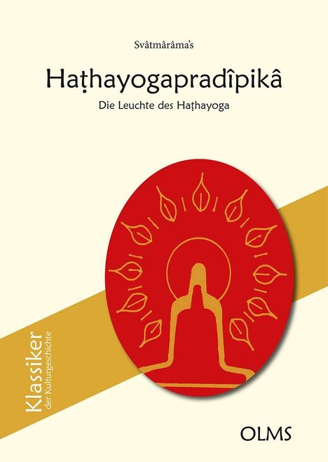 Text: "Haṭhayogapradīpikâ: Die Leuchte des Haṭhayoga." Illustration: Buddha-Silhouette vor einem roten, dekorierten Hintergrund.