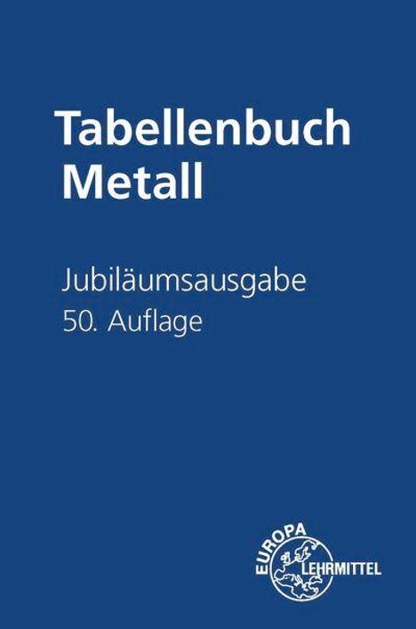 "Tabellenbuch Metall, Jubiläumsausgabe, 50. Auflage." Blaues Cover mit weißem Text und einem Logo unten rechts.