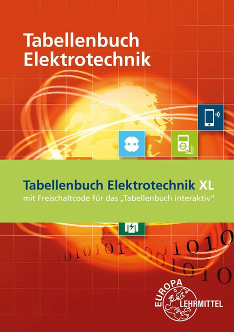 "Taschenbuch Elektrotechnik XL", Freischaltcode für interaktives Buch. Roter Hintergrund, Symbole und Weltkugel-Motiv.