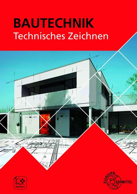 "BAUTECHNIK Technisches Zeichnen" steht über einer modernen Gebäudeillustration mit architektonischen Plänen.