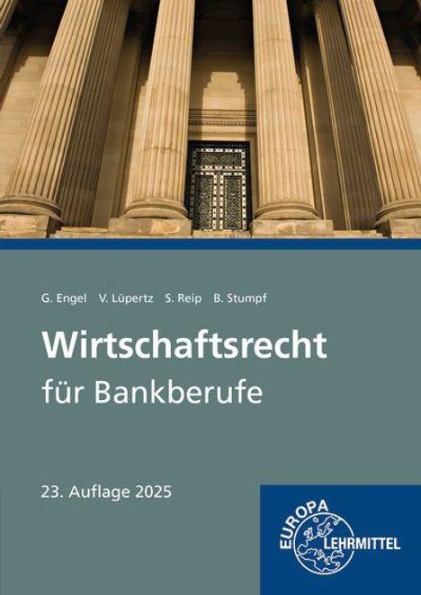 „Wirtschaftsrecht für Bankberufe“, 23. Auflage 2025. Oben Säulenarchitektur, unten blaues Logo „Europa Lehrmittel“.