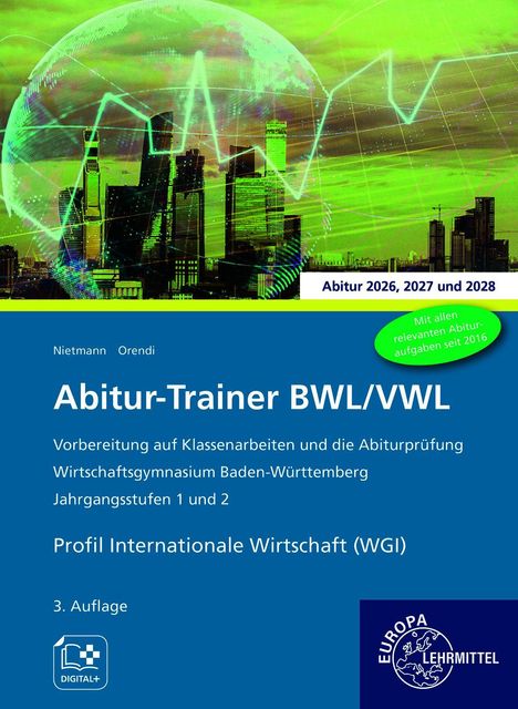 Text: "Abitur-Trainer BWL/VWL", "Profil Internationale Wirtschaft", "2026, 2027 und 2028", mit digitalem Logo.