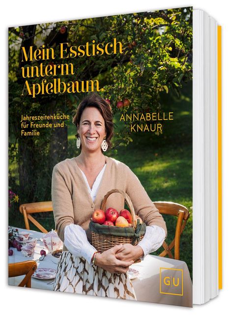 „Mein Esstisch unterm Apfelbaum“, „Jahreszeitenküche für Freunde und Familie“, „ANNABELLE KNAUR“. Frau mit Obstkorb.