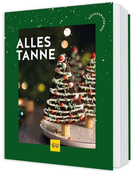 Text: "ALLES TANNE", "KÜCHENRATGEBER". Gezeigt sind essbare Bäume, dekoriert mit Zuckerguss und Perlen.