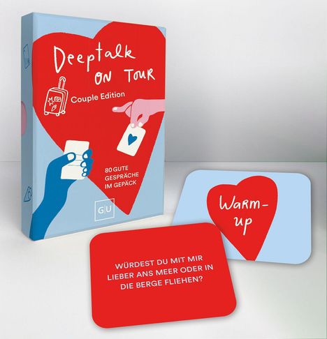 "Deeptalk on Tour", "Couple Edition", "80 gute Gespräche im Gepäck". Zwei Karten: "Warm-up" und "Würdest du mit mir lieber ans Meer oder in die Berge fliehen?"