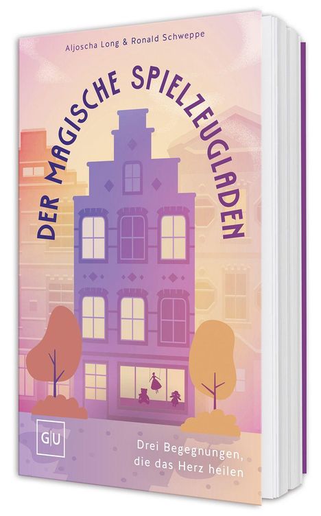 "Der magische Spielzeugladen" oben, "Drei Begegnungen, die das Herz heilen" unten. Illustration eines Hauses mit Bäumen.