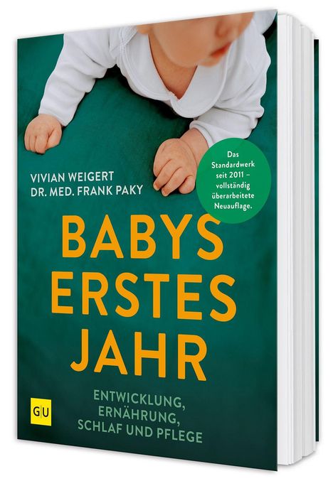 Text: "Babys erstes Jahr", Autoren: Vivian Weigert, Dr. med. Frank Paky. Ein Baby auf einem grünen Hintergrund.