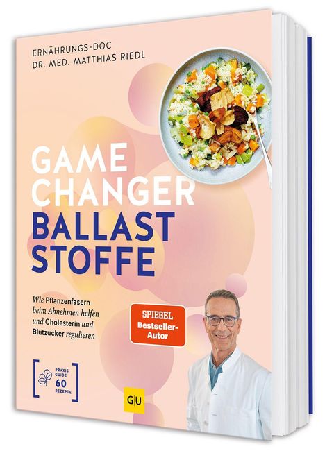 Text: „GAME CHANGER BALLASTSTOFFE“. Oben ein Teller mit Gemüse, unten ein lächelnder Mann in weißem Kittel.