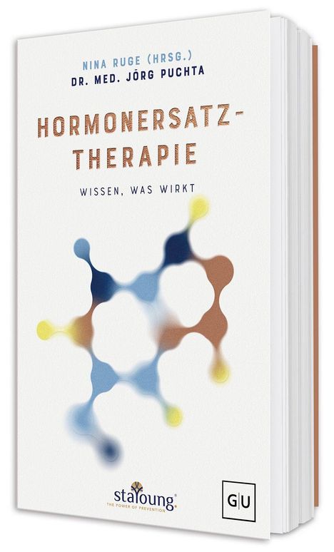 „Hormonersatztherapie: Wissen, was wirkt“. Herausgeber: Nina Ruge, Dr. med. Jörg Puchta. Molekül-Illustration und Logos.