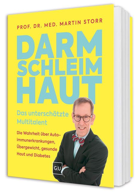„Darm Schleim Haut“ in großen Buchstaben. Gelber Hintergrund. Autor in Anzug mit Fliege, lächelt freundlich.