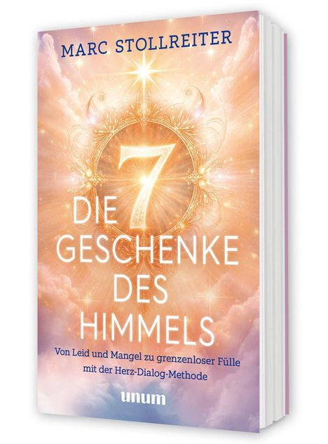 "Die 7 Geschenke des Himmels" von Marc Stollreiter. Ein himmlisches, goldenes Design mit strahlenden Elementen.