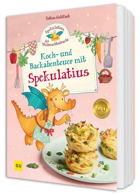 "Koch- und Backabenteuer mit Spekulatius" und ein lachender Drache in Schürze, Nudel-Muffins auf einem Teller.