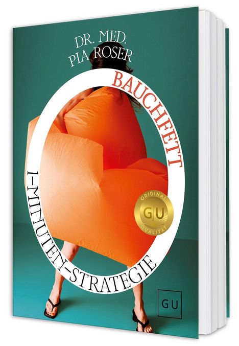 "Bauchfett 1-Minuten-Strategie" von Dr. med. Pia Roser. Frau trägt orange Luftkissen, grüner Hintergrund. GU Logo.