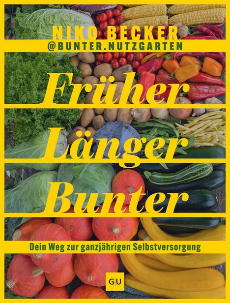 Text: „NIKO BECKER @BUNTER.NUTZERGARTEN,“ „Früher Länger Bunter,“ „Dein Weg zur ganzjährigen Selbstversorgung.“ Hintergrund: Kohlblätter, Logo unten.