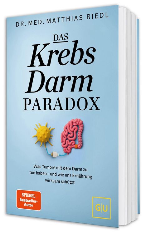 Titel: "Das Krebs Darm Paradox". Untertitel: "Was Tumore mit dem Darm zu tun haben – und wie uns Ernährung wirksam schützt". Oben Dr. med. Matthias Riedl, unten Links "Spiegel Bestseller Autor". Eine Illustration eines Darms verbunden mit einer gelben Zelle.