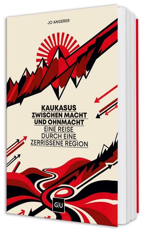 "Kaukasus zwischen Macht und Ohnmacht. Eine Reise durch eine zerrissene Region." Grafik mit roten Bergen und Pfeilen.