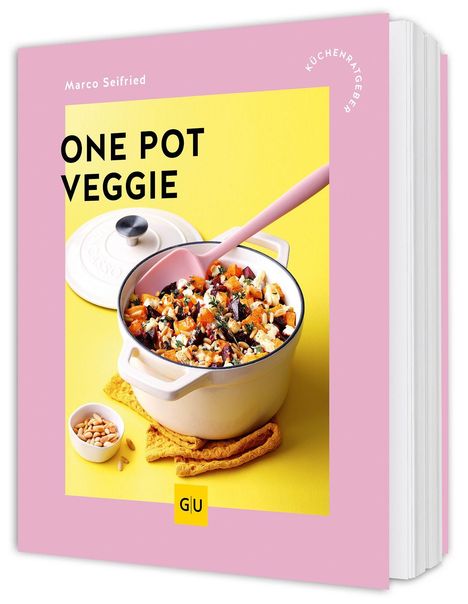 Text: „ONE POT VEGGIE“ von Marco Seifried, „KÜCHENRATGEBER“. Ein Topf mit Gemüse auf gelbem Hintergrund. GU Logo unten.