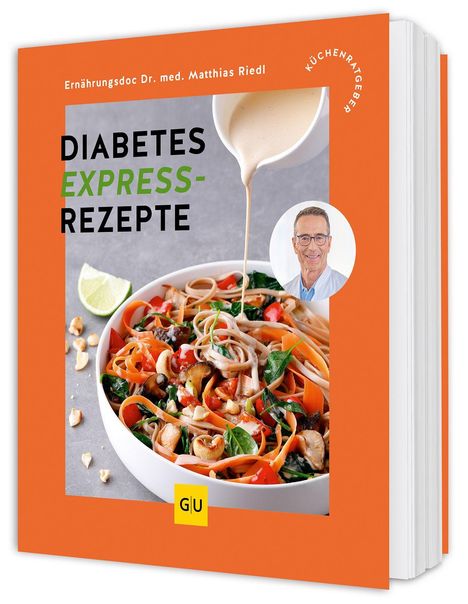 "Diabetes Express-Rezepte" von Dr. med. Matthias Riedl. Zeigt einen Nudelsalat mit Gemüse. Gesicht von Mann auf Cover.
