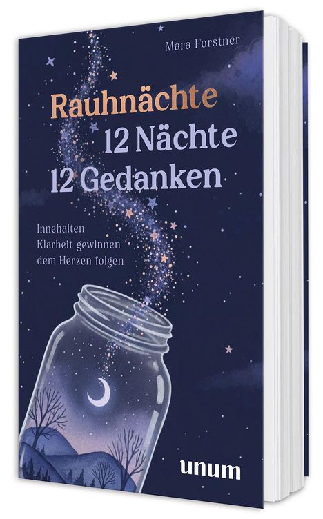 Buchtitel: Rauhnächte 12 Nächte 12 Gedanken. Einmachglas mit Sternen, lila Hintergrund, Bäume und Halbmond.