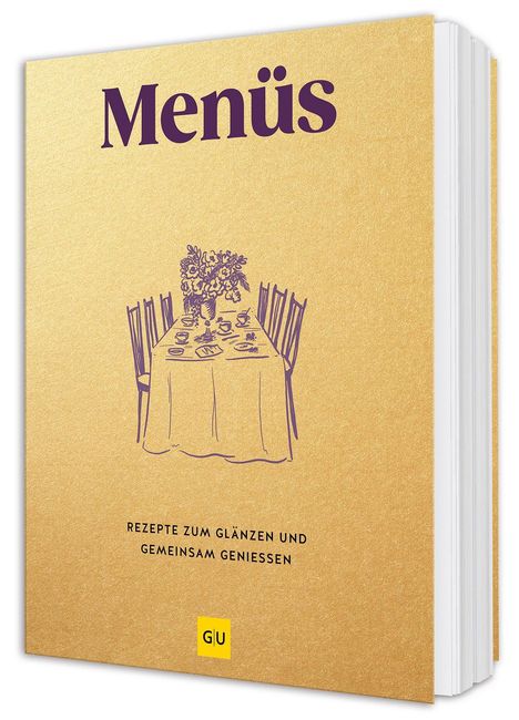 "Menüs – Rezepte zum Glänzen und gemeinsam genießen." Gelber Hintergrund, Illustration von gedecktem Tisch, GU-Logo.