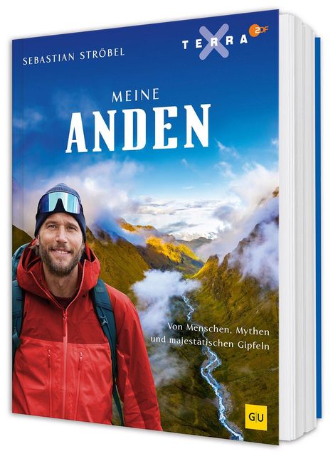 Titel: "MEINE ANDEN". Text: "Von Menschen, Mythen und majestätischen Gipfeln". Mann in roter Jacke, Berglandschaft im Hintergrund.