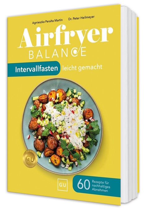 "Airfryer Balance: Intervallfasten leicht gemacht" zeigt oben ein buntes Gericht auf gelbem Grund.