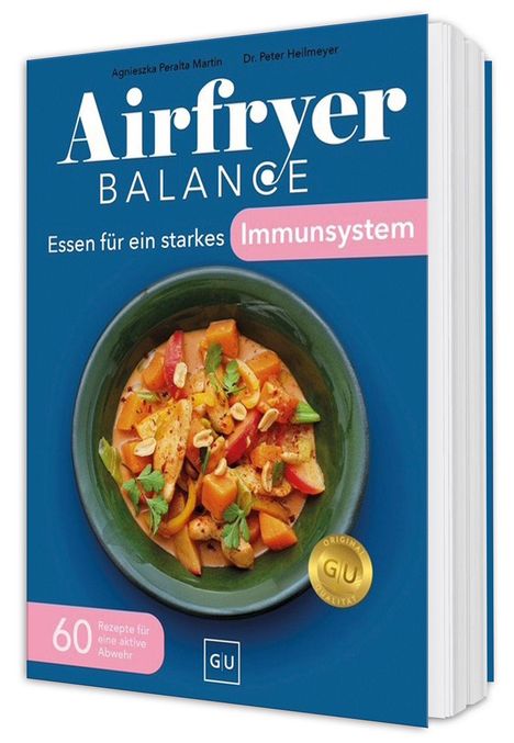 "Airfryer Balance: Essen für ein starkes Immunsystem. 60 Rezepte für eine aktive Abwehr." Teller mit buntem Gericht.