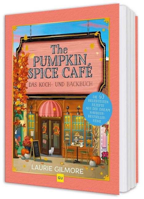 "The Pumpkin Spice Café: Das Koch- und Backbuch" in der Mitte. Illustration: Café mit herbstlichem Dekor.