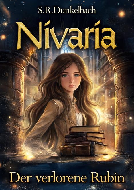 „S.R. Dunkelbach. Nivaria. Der verlorene Rubin.“ Eine junge Frau in einer Bibliothek mit alten Büchern, magische Atmosphäre.