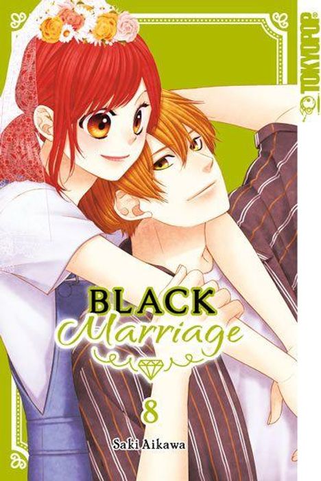 Text: "BLACK Marriage 8 Saki Aikawa." Tokyopop-Logo rechts. Illustration: Ein Paar umarmt sich lächelnd.