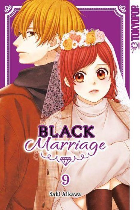 "Black Marriage 9, Saki Aikawa." Ein Mann mit blondem Haar und eine Frau mit roten Haaren und Blumenkranz zusammen.