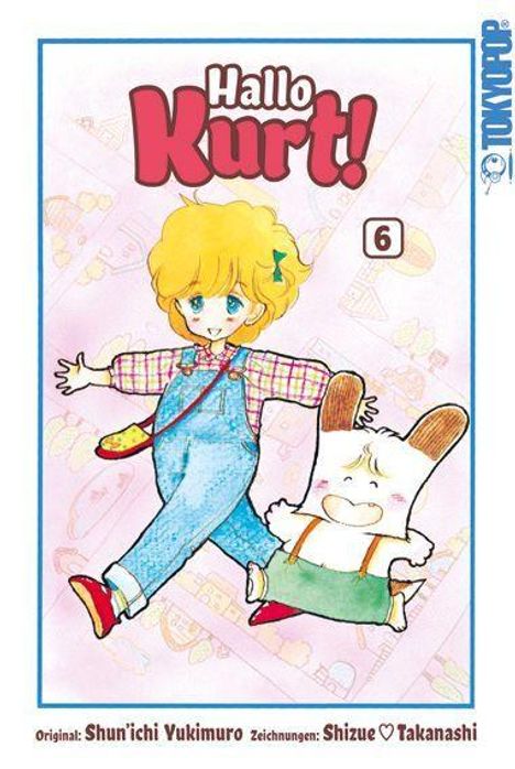 "Hallo Kurt!" und "6" in farbenfroher Illustration. Junge mit blonden Locken und Latzhose läuft mit fröhlichem, weißem Kaninchen.