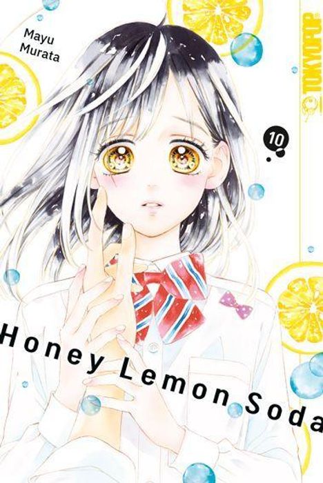 "Honey Lemon Soda", "Mayu Murata", "10". Mädchen mit gelb-orangen Augen, Zitrone, Perlen und farbigem Schal. Manga-Look.